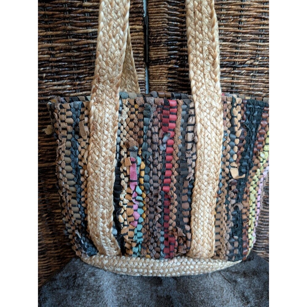Woven Leather Jute Hobo Bag Tote Purse Women's Earth Tones Festival Artsy Funky